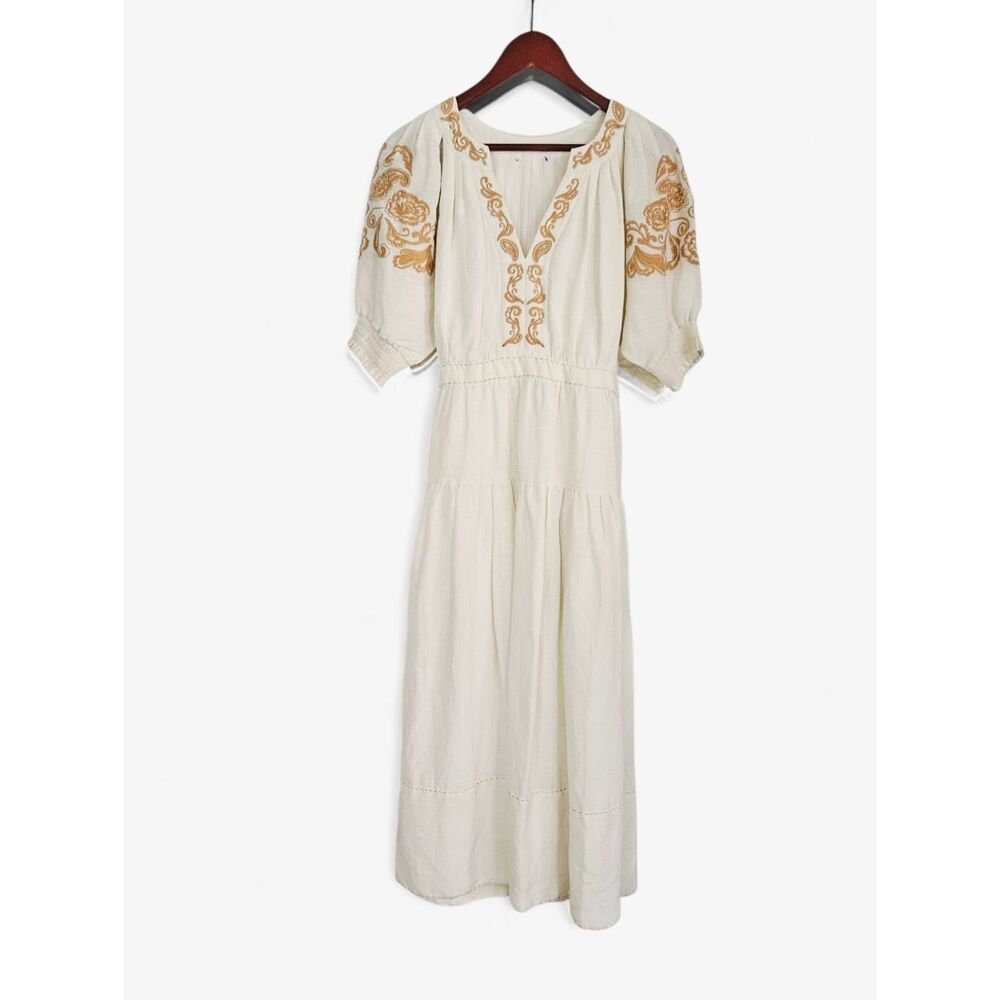 Cartolina Lizette Linen Blend Embroidered Belted Puff Sleeve Ivory Midi Dress M - Picture 5 of 16